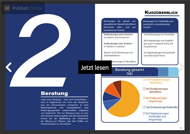 Ausschnitt aus dem Jahresbericht. Hinterlegt ist ein Link, der zur passenden Seite des Dokuments führt. Sie werden direkt zum Kapitel Beratung geleitet.