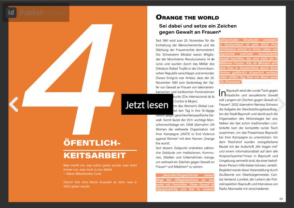 Ausschnitt aus dem Jahresbericht. Hinterlegt ist ein Link, der zur passenden Seite des Dokuments führt. Sie werden direkt zum Kapitel Öffentlichkeitsarbeit geleitet.