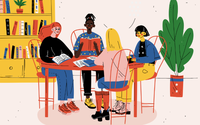 Grafik von vier jugendlichen an einem Tisch. Sie lesen Bücher.